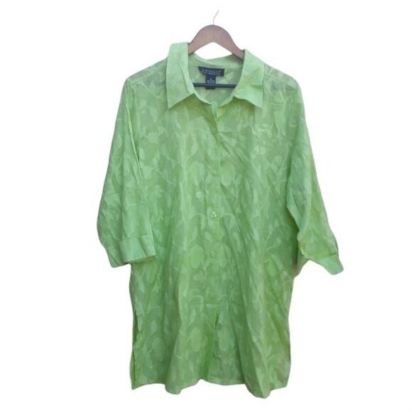 Dialogue Cotton Top Button Up Botanical Leaf Floral Print Neon Green Sz 1X - Picture 1 of 8